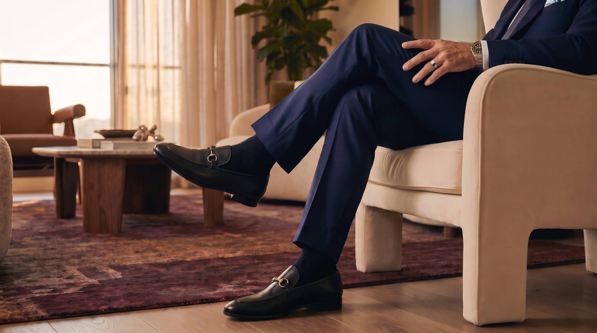 James Driver seated in a Bayside living room — detail of tailored navy suit and loafers